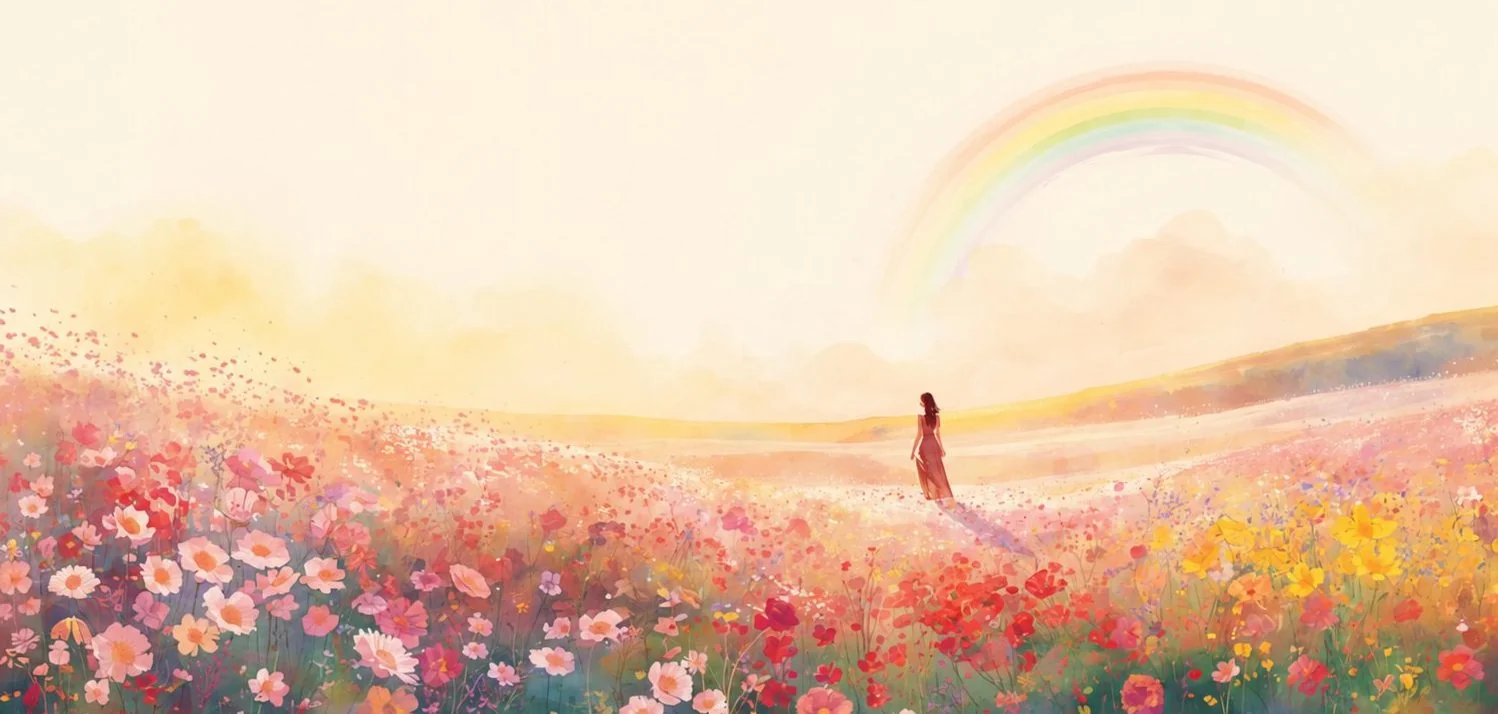 花畑と虹の中に立つ女性